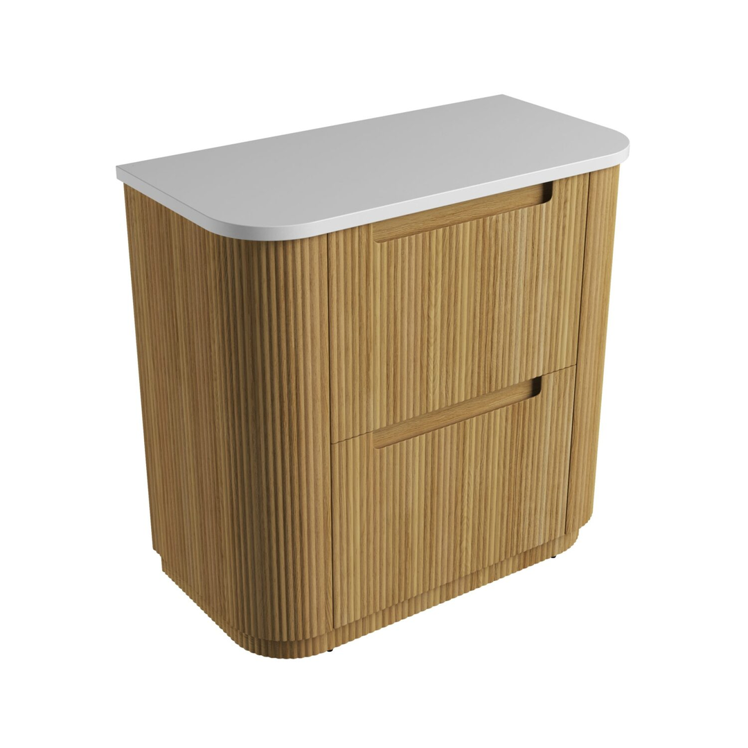 Aulic Varcelli 900mm Pure Flat Stone Floor Standing Harvest Oak Fluted Curved Cabinet