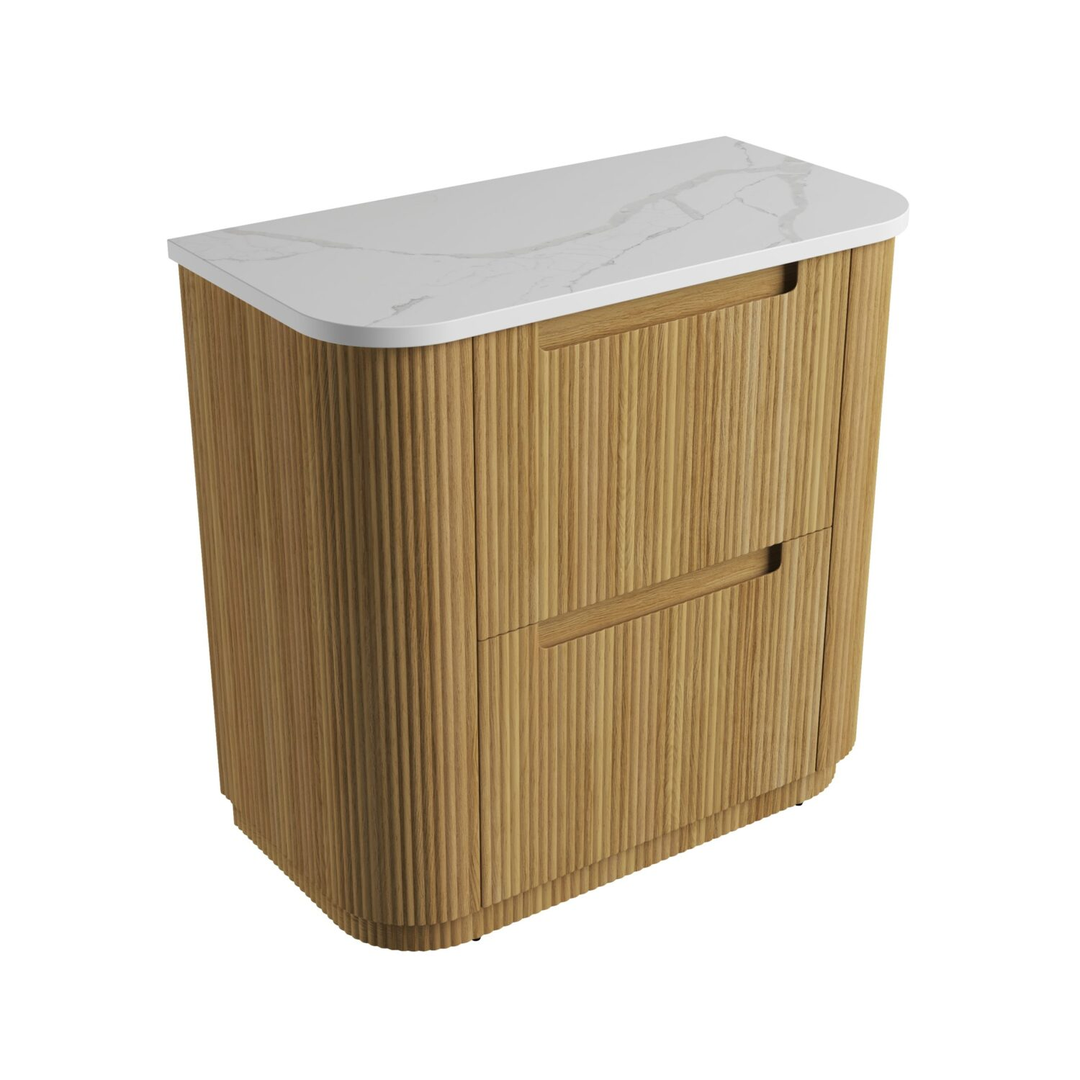 Aulic Varcelli Floor Standing Harvest Oak Fluted Curved Cabinet 900X460X880mm & Palis White Flat Stone Top