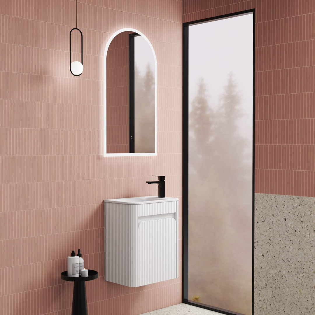 Aulic Mini Hartelle Fluted Wall 470 Matte White Cabinet C/W Curved Top C/W Right Side Tap Hole