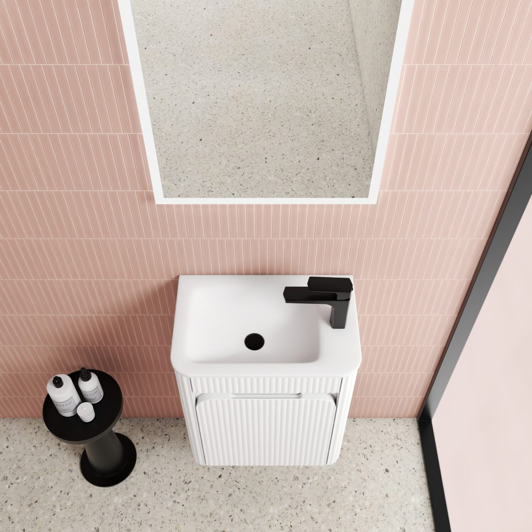 Aulic Mini Hartelle Fluted Wall 470 Matte White Cabinet C/W Curved Top C/W Right Side Tap Hole