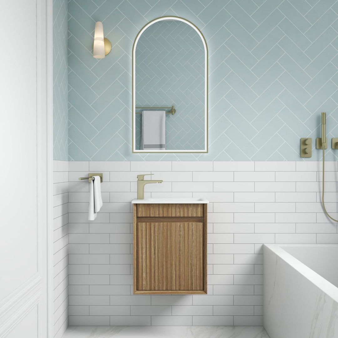Aulic Mini Ravia Fluted W/H 450Mm Harvest Oak Cabinet With Sintera Top With Tap Hole