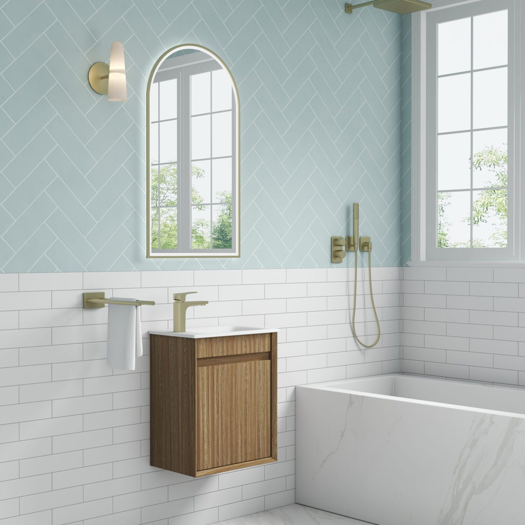 Aulic Mini Ravia Fluted W/H 450Mm Harvest Oak Cabinet With Sintera Top With Tap Hole