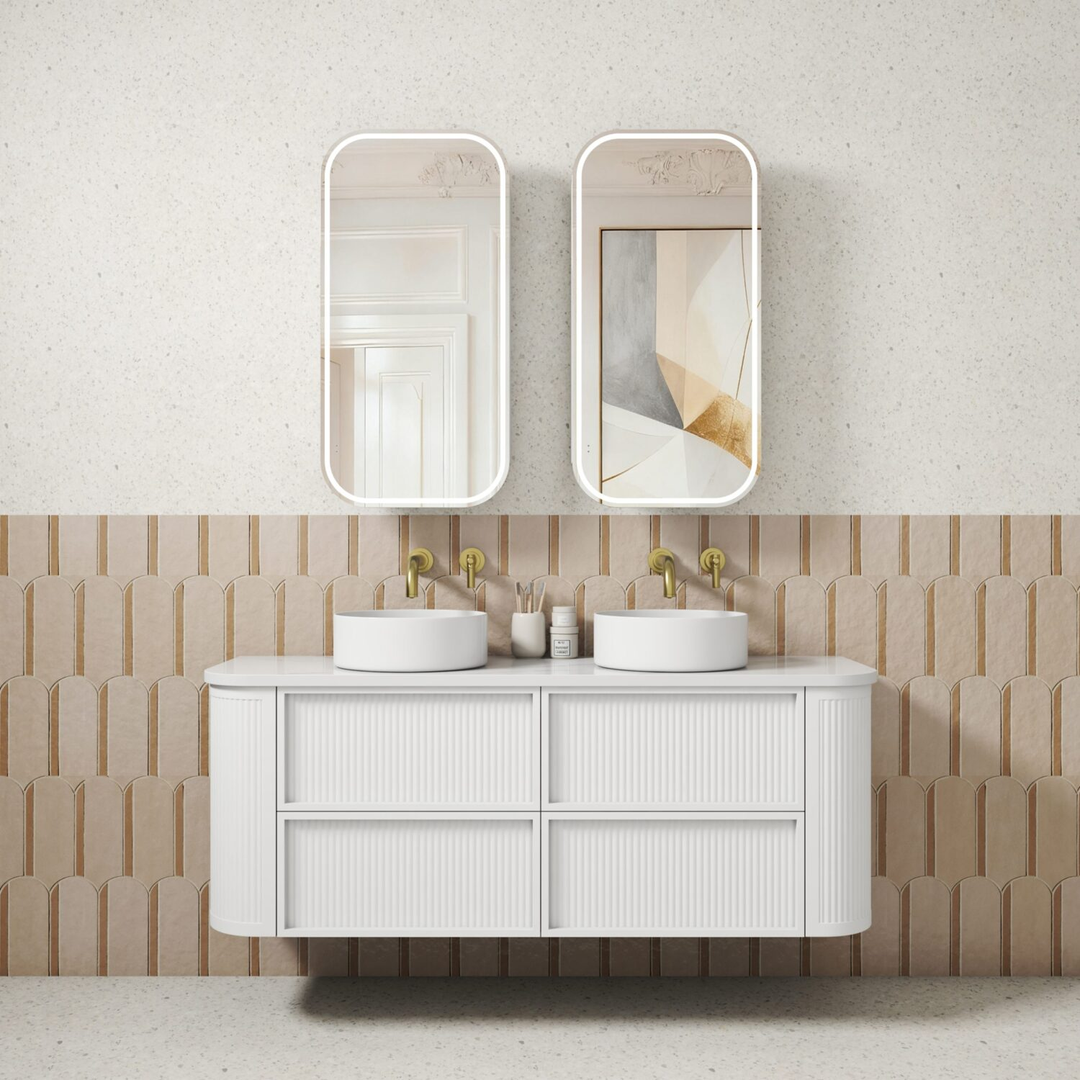 Aulic Ramee Fluted Wall Hung 1500Mm Matte White Cabinet With Alpine Flat Stone
