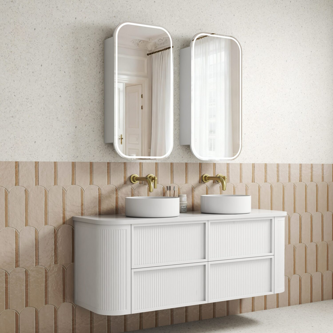 Aulic Ramee Fluted Wall Hung 1500Mm Matte White Cabinet With Alpine Flat Stone