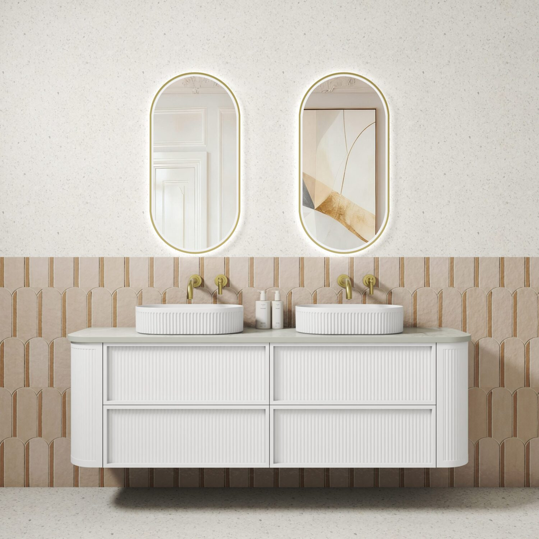 Aulic Ramee Fluted Wall Hung 1800Mm Double Matte White Cabinet With Cato Flat Stone