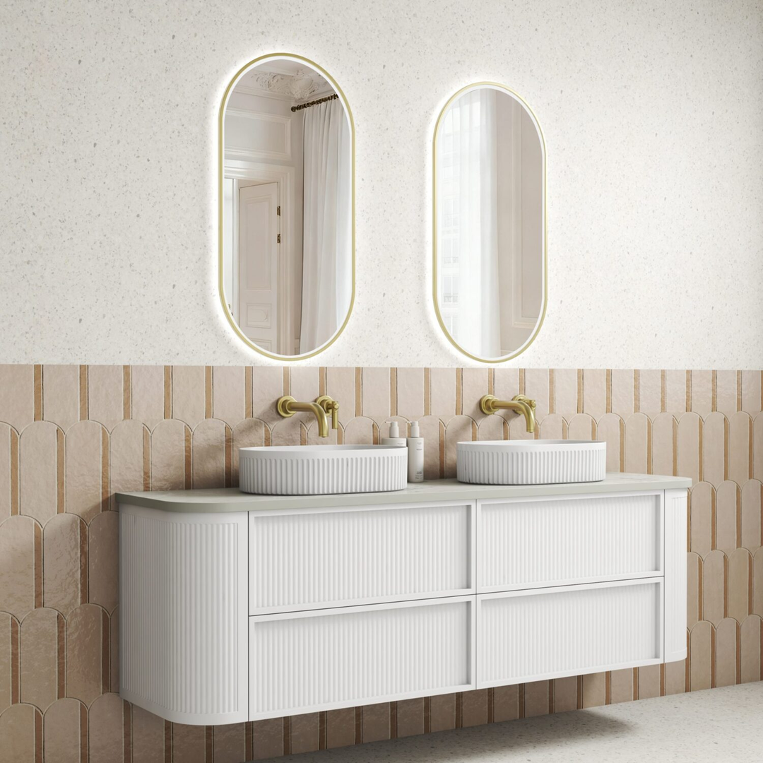 Aulic Ramee Fluted Wall Hung 1800Mm Double Matte White Cabinet With Cato Flat Stone