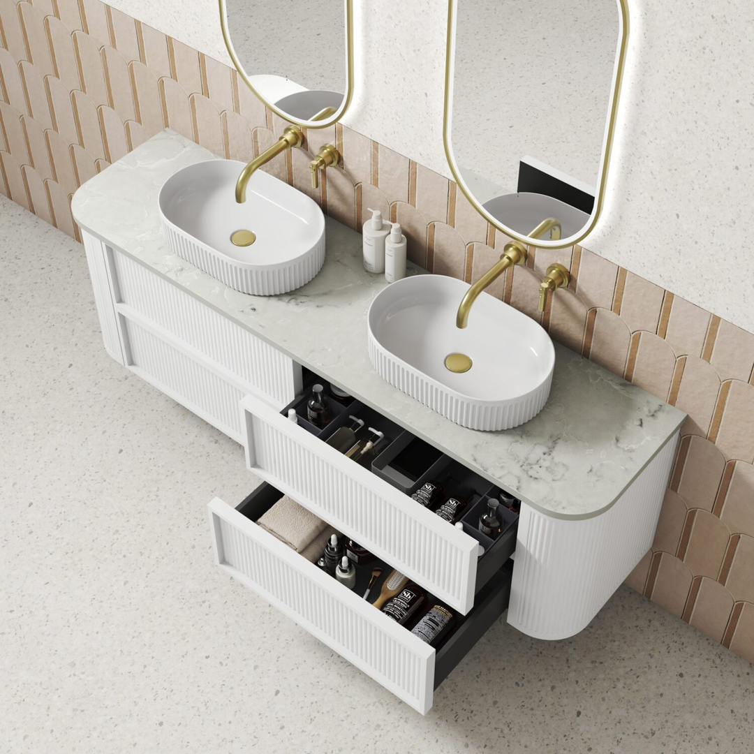 Aulic Ramee Fluted Wall Hung 1800Mm Double Matte White Cabinet With Cato Flat Stone