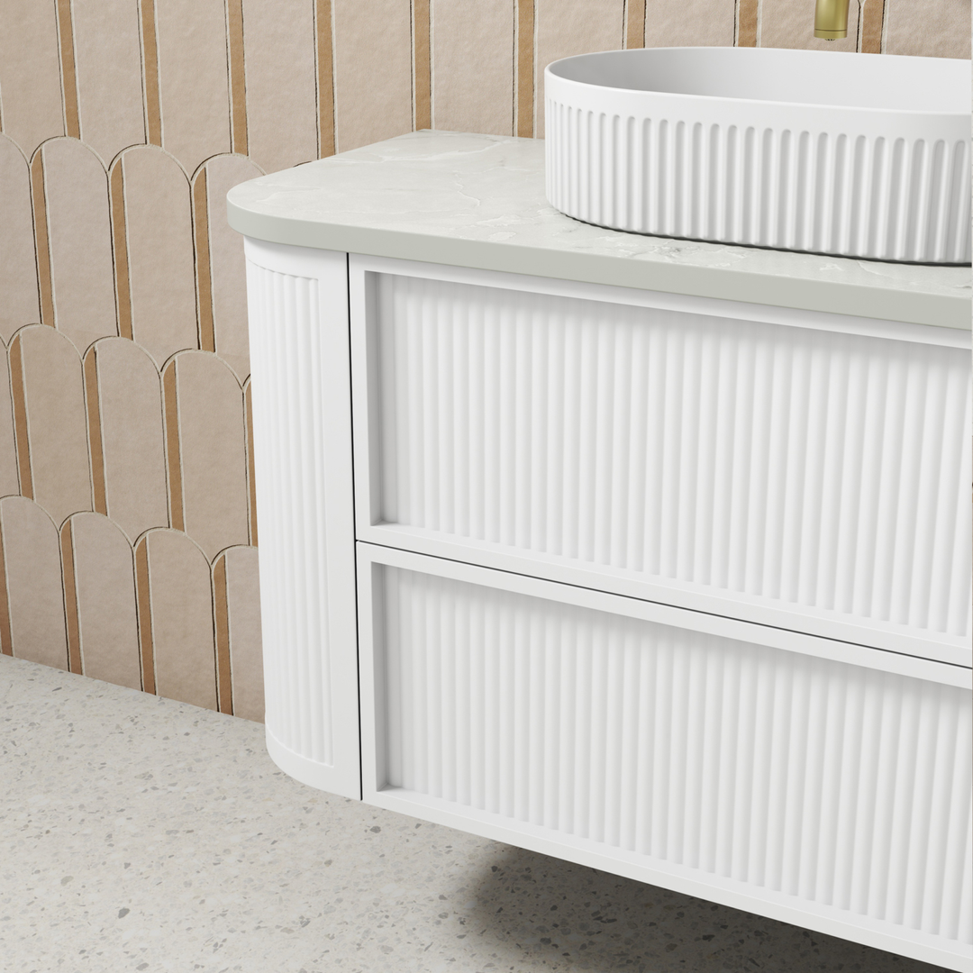 Aulic Ramee Fluted Wall Hung 1500Mm Matte White Cabinet With Alpine Flat Stone