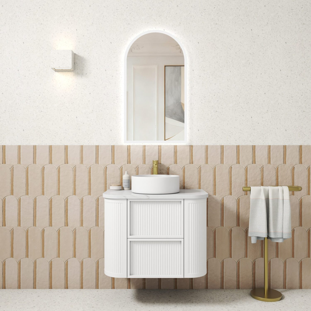 Aulic Ramee Fluted Wall Hung 750Mm Matte White Cabinet With Alpine Flat Stone