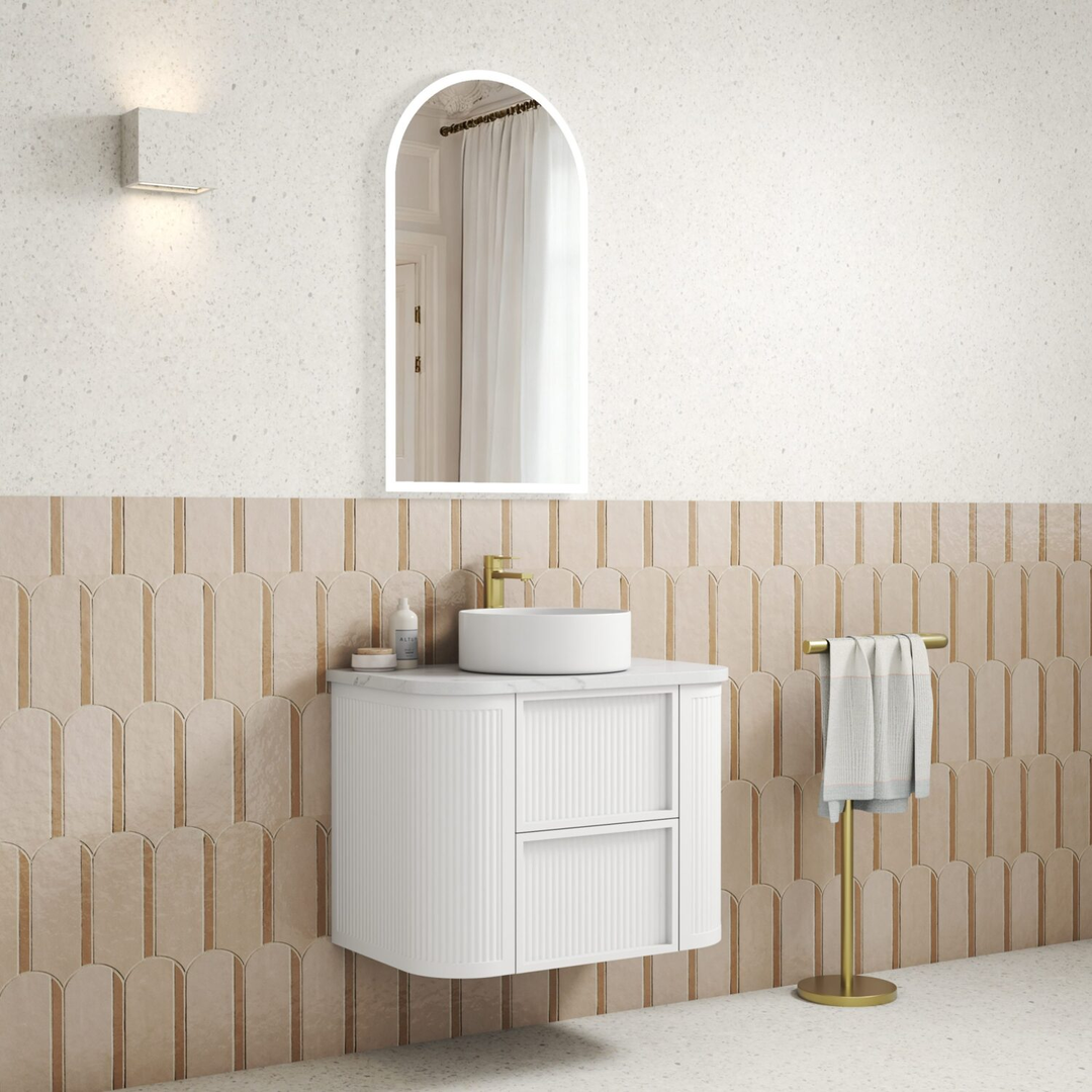 Aulic Ramee Fluted Wall Hung 750Mm Matte White Cabinet With Alpine Flat Stone