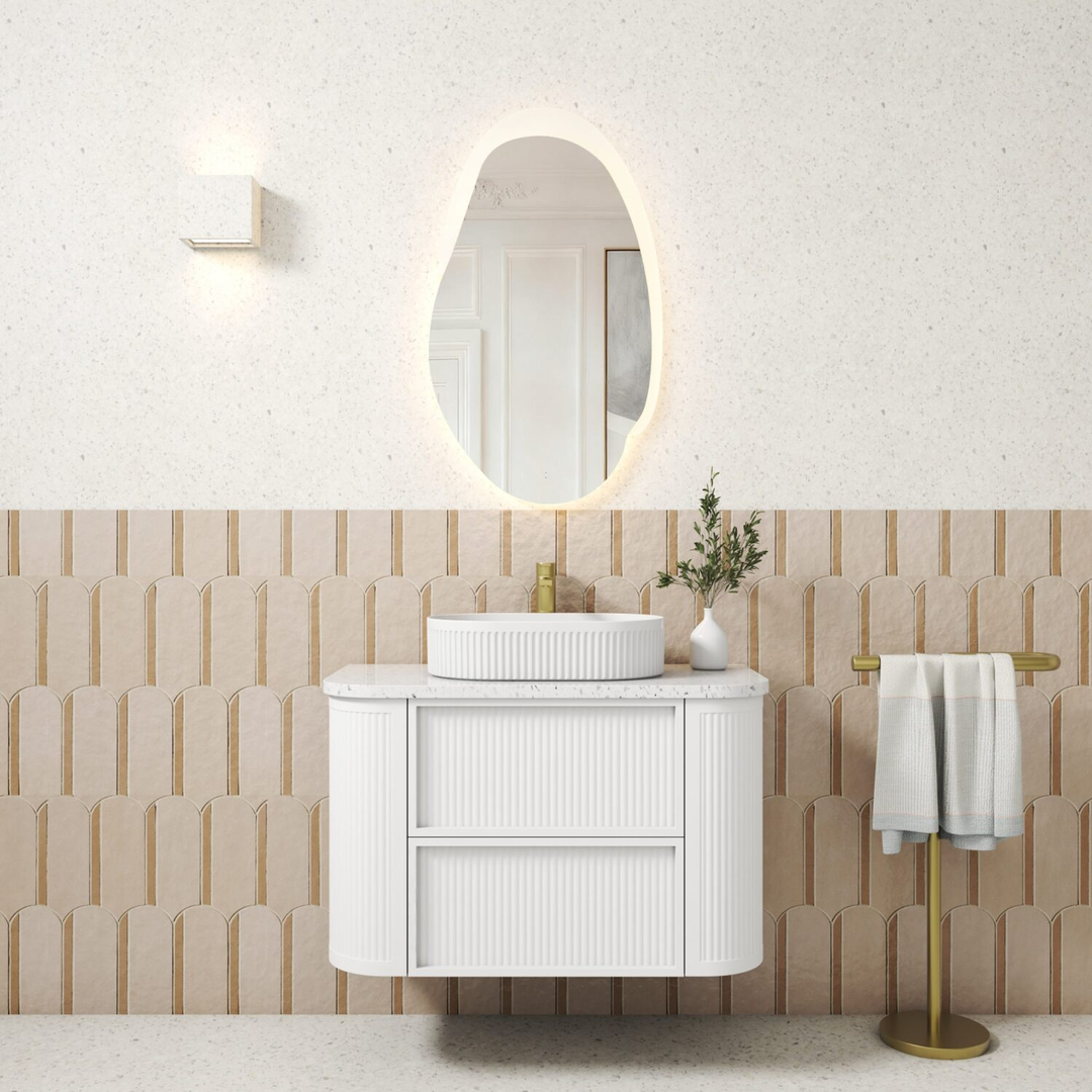 Aulic Ramee Fluted Wall Hung 900Mm Matte White Cabinet With Pure Flat Stone