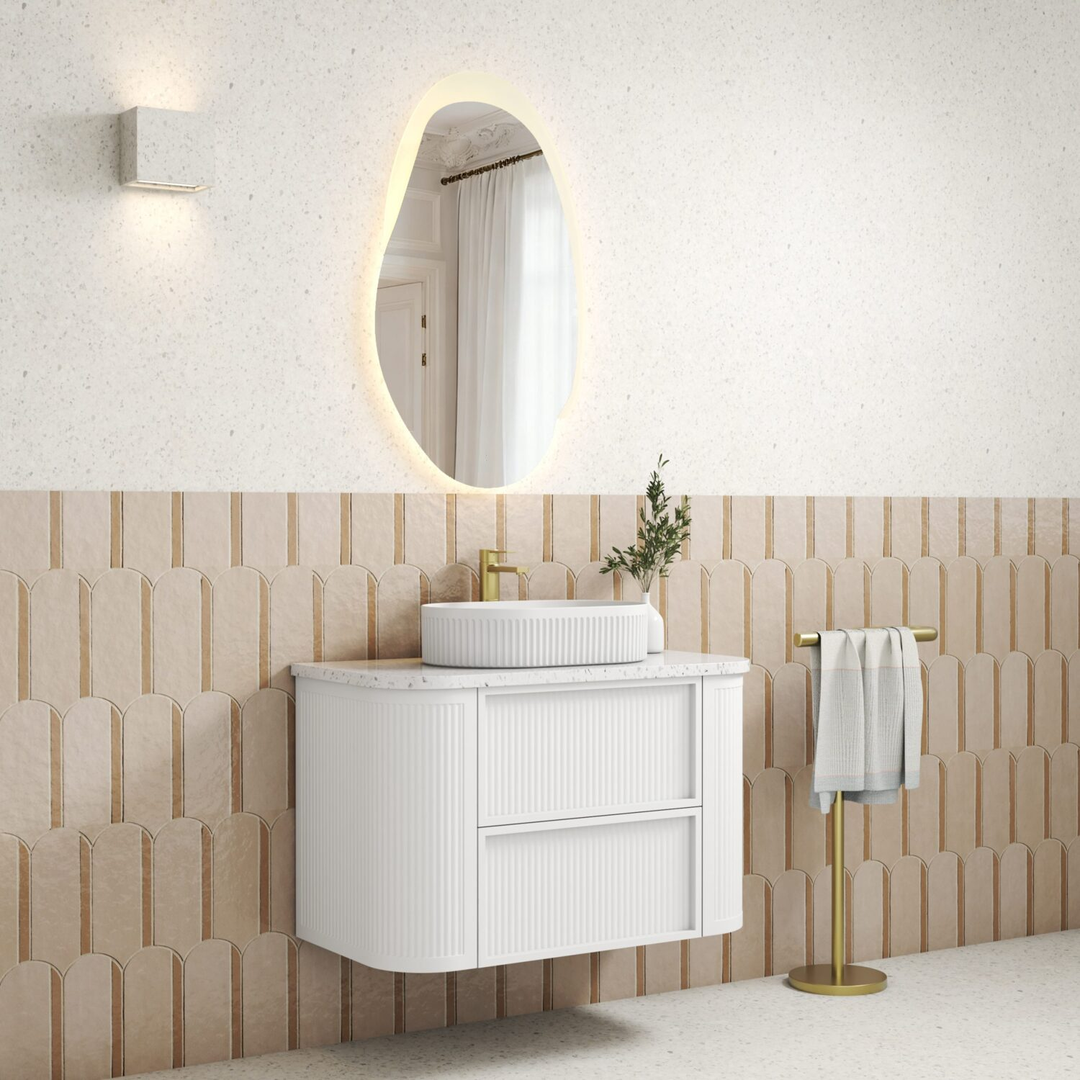 Aulic Ramee Fluted Wall Hung 900Mm Matte White Cabinet With Pure Flat Stone