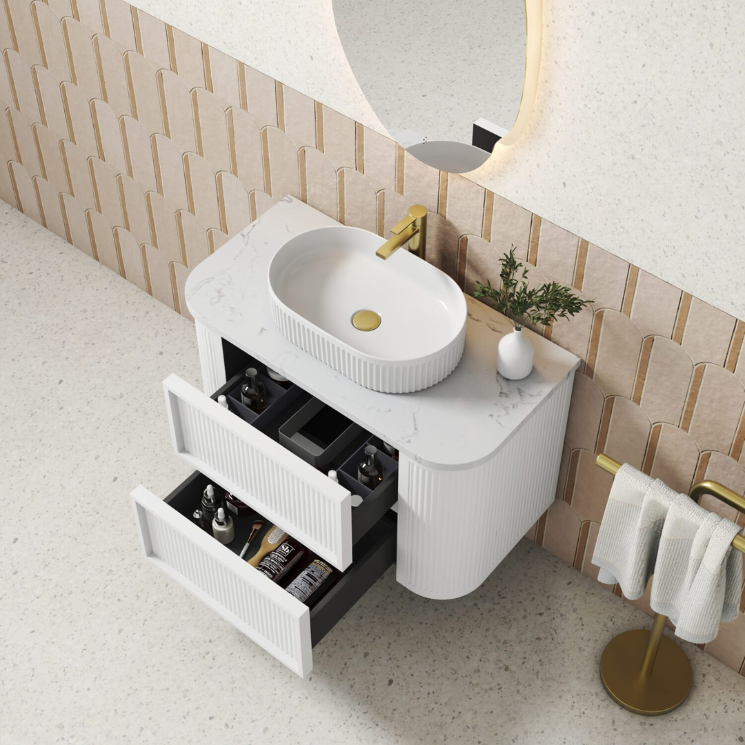 Aulic Ramee Fluted Wall Hung 900Mm Matte White Cabinet With Pure Flat Stone
