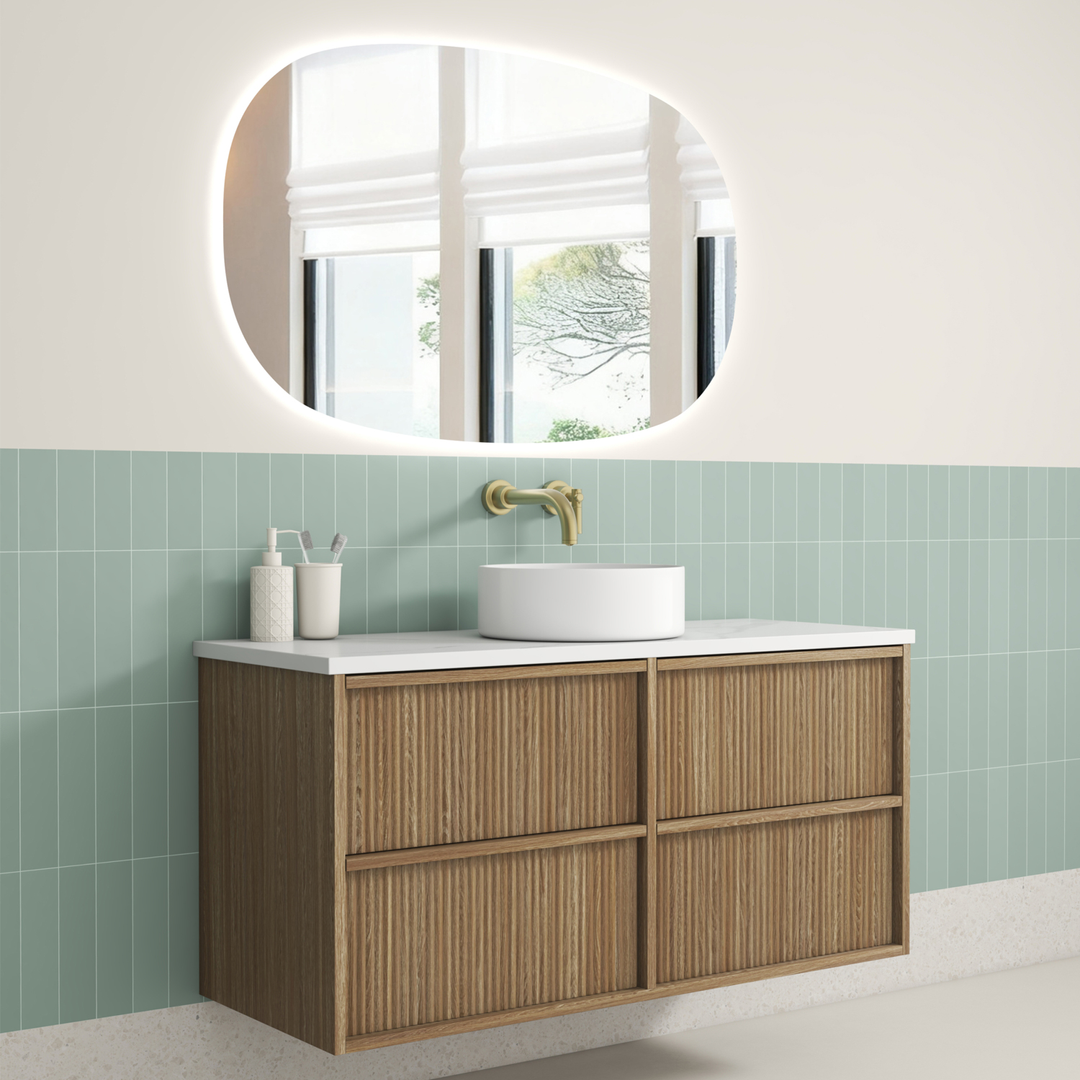 Aulic Venetta Fluted Framed W/H 1200Mm Harvest Oak Cabinet 1200 With Alpine Flat Stone