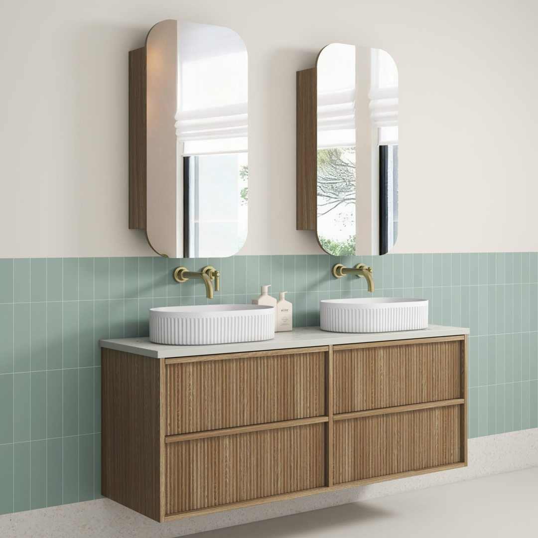 Aulic Venetta Fluted Framed Wall Hung 1500Mm Harvest Oak Cabinet With Pure Flat Stone Top