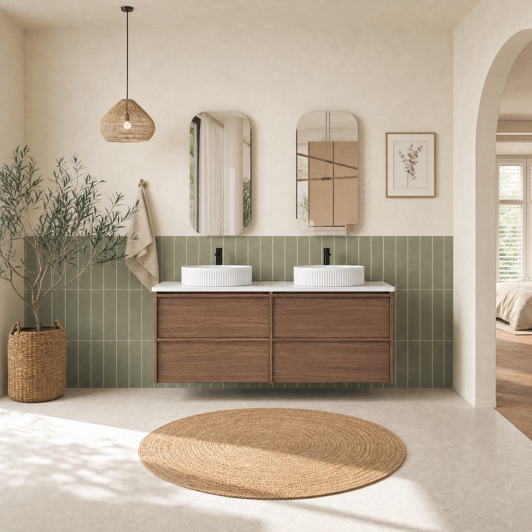 Aulic Venetta Framed Wall Hung 1500Mm Double Walnut Cabinet 1500X468X585Mm With Ceramic Top