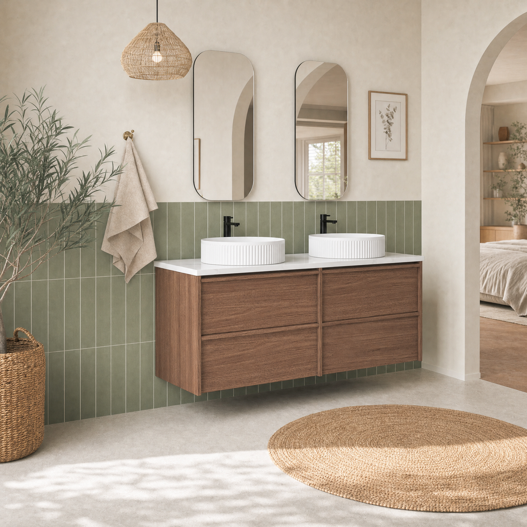 Aulic Venetta Framed Wall Hung 1500Mm Double Walnut Cabinet 1500X468X585Mm With Ceramic Top
