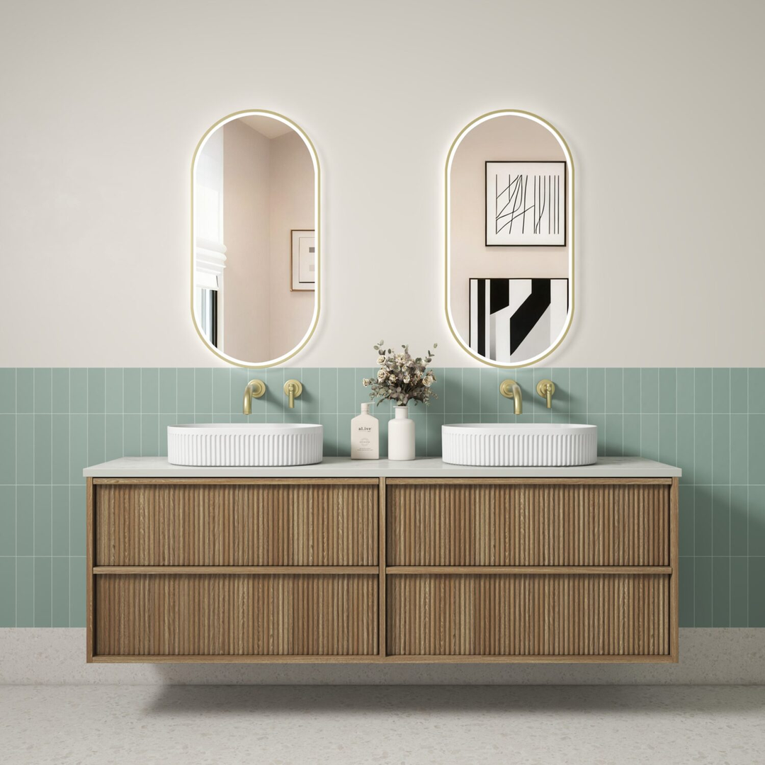 Aulic Venetta Fluted Framed Wall Hung 1800D Harvest Oak Cabinet 1800 With Cato Flat Top
