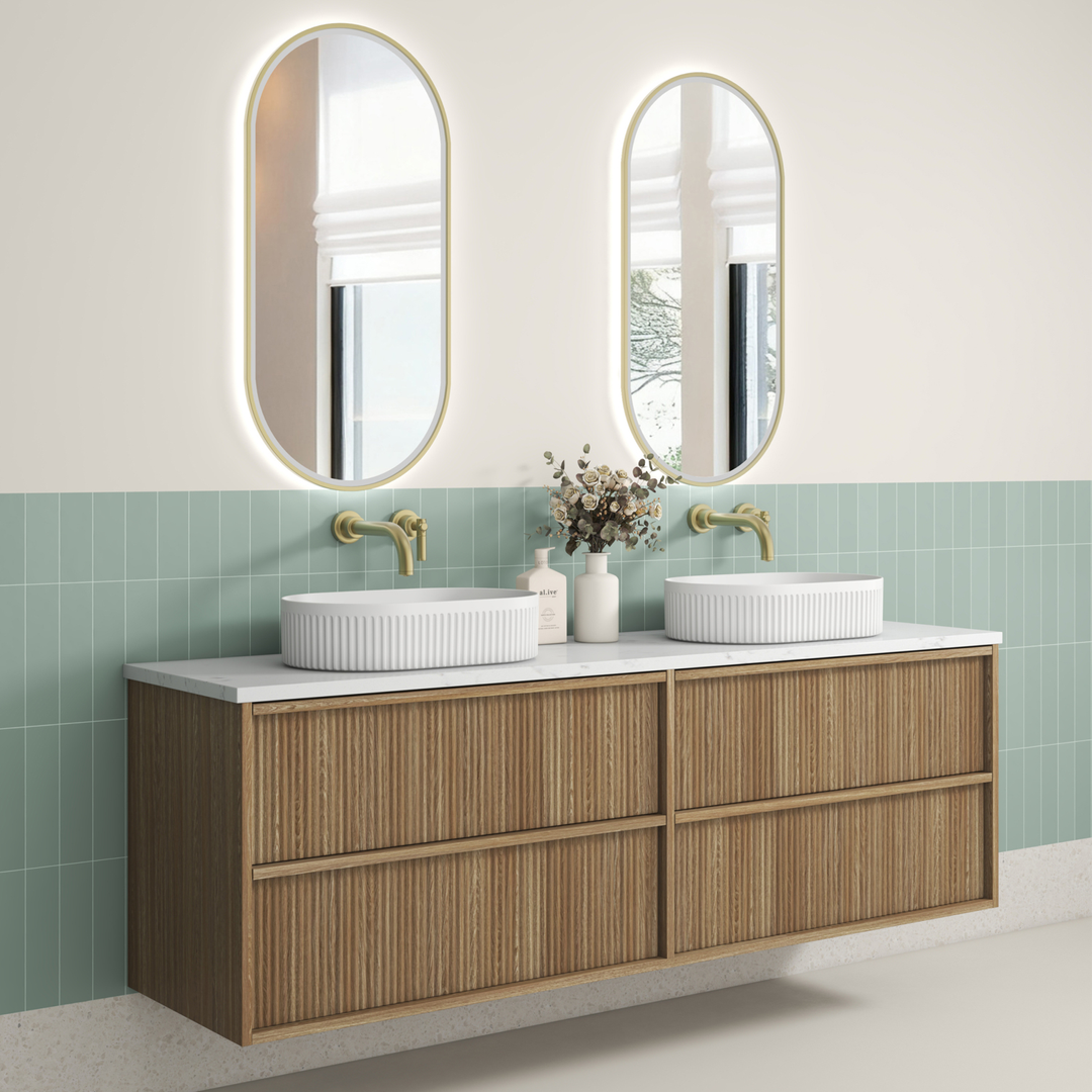 Aulic Venetta Fluted Framed Wall Hung 1800D Harvest Oak Cabinet 1800 With Cato Flat Top