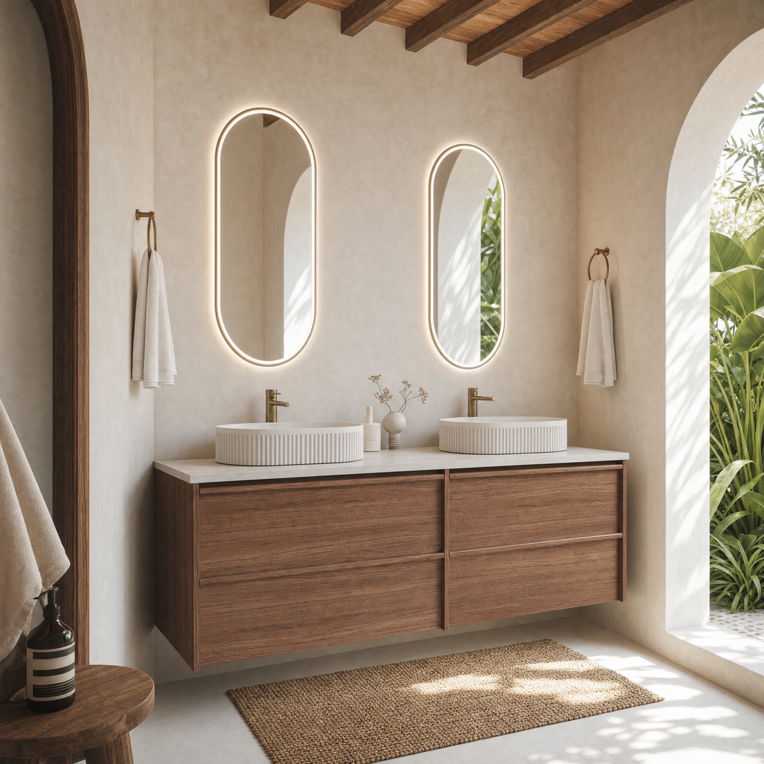 Aulic Venetta Framed Wall Hung 1800Mm Double Walnut Cabinet 1800X468X585Mm With Alpine Top