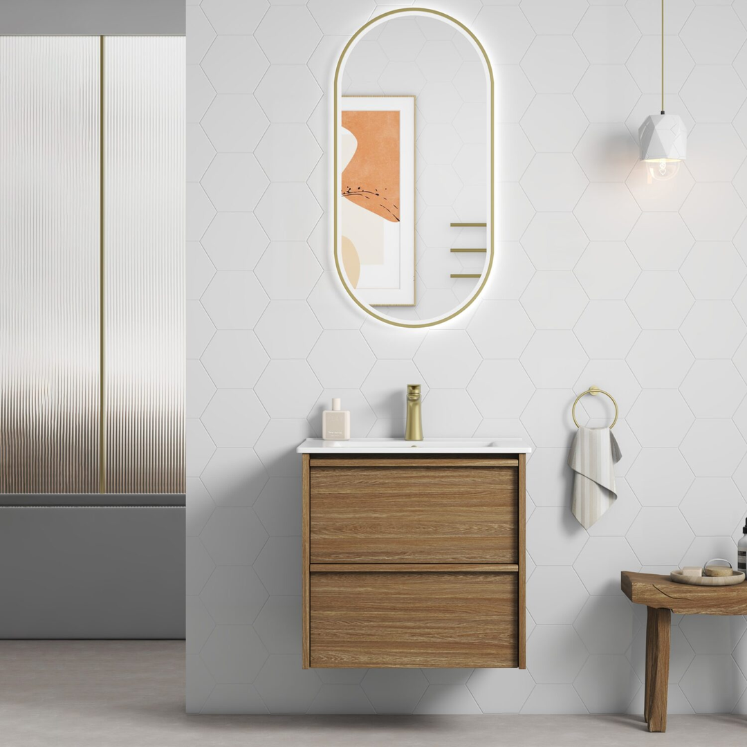 Aulic Venetta Framed Harvest Oak Wall Hung 600Mm Cabinet 600 With Cato Flat Stone Top