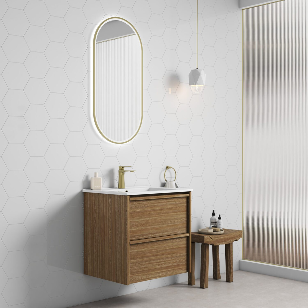 Aulic Venetta Framed Harvest Oak Wall Hung 600Mm Cabinet 600 With Cato Flat Stone Top