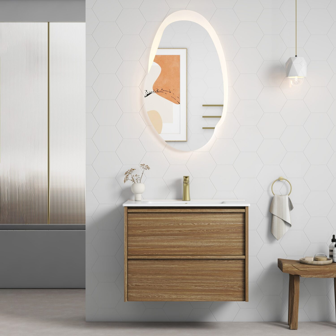 Aulic Venetta Framed Harvest Oak Wall Hung 750Mm Cabinet 750 With Crystal Ceramic Top