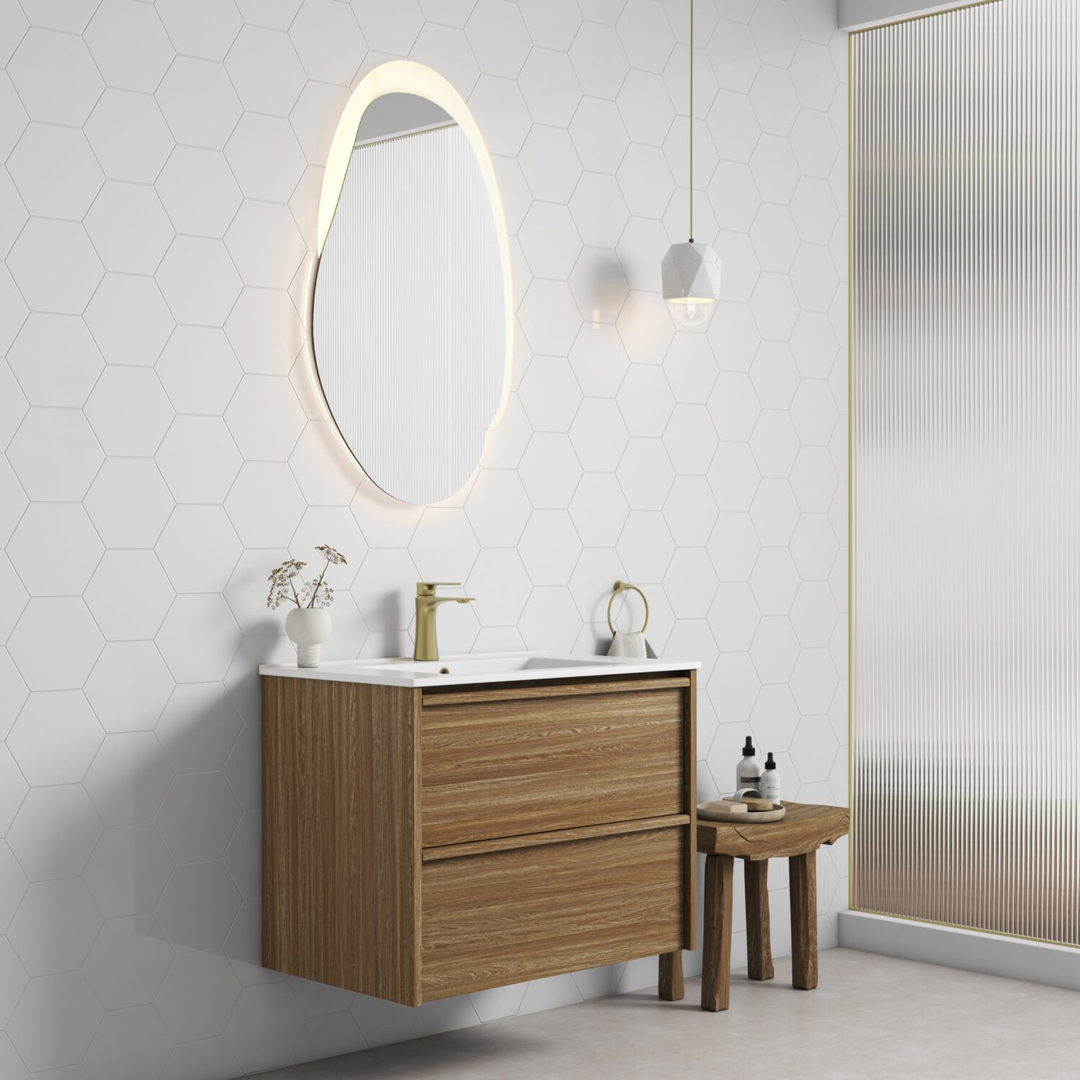 Aulic Venetta Framed Harvest Oak Wall Hung 750Mm Cabinet 750 With Crystal Ceramic Top