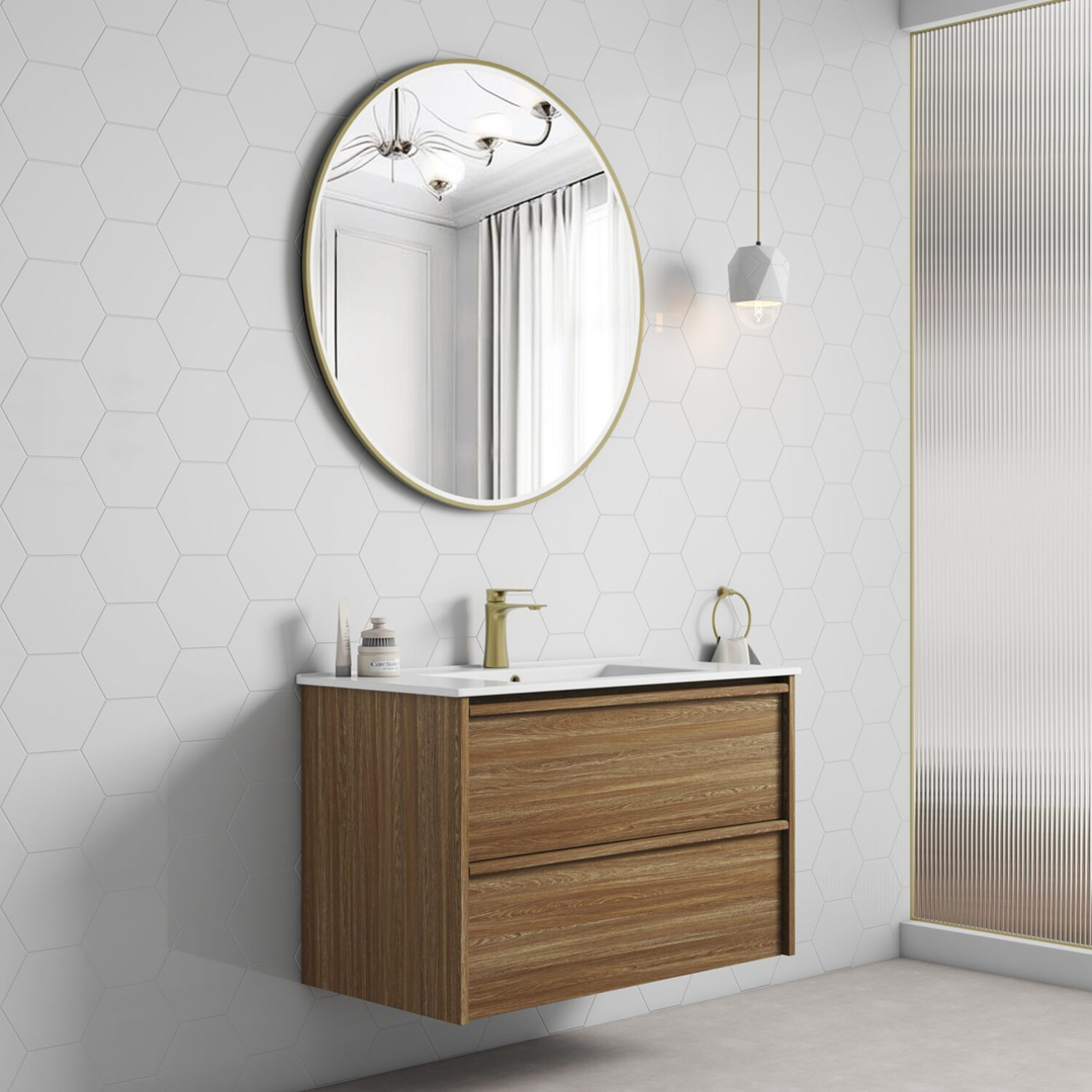 Aulic Venetta Framed Harvest Oak Wall Hung 900Mm Cabinet 900 With Crystal Ceramic Top