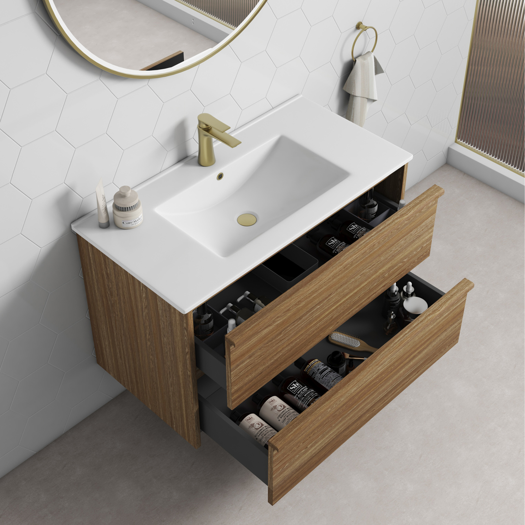 Aulic Venetta Framed Harvest Oak Wall Hung 750Mm Cabinet 750 With Crystal Ceramic Top
