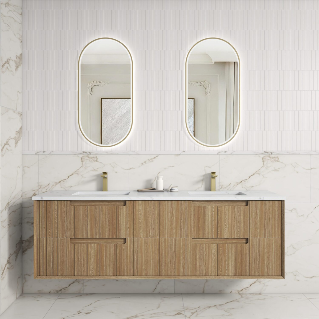 Aulic Voulari Framed Wall Hung 1500 Dbl Harvest Oak Cabinet With Alpine Undermount Basin
