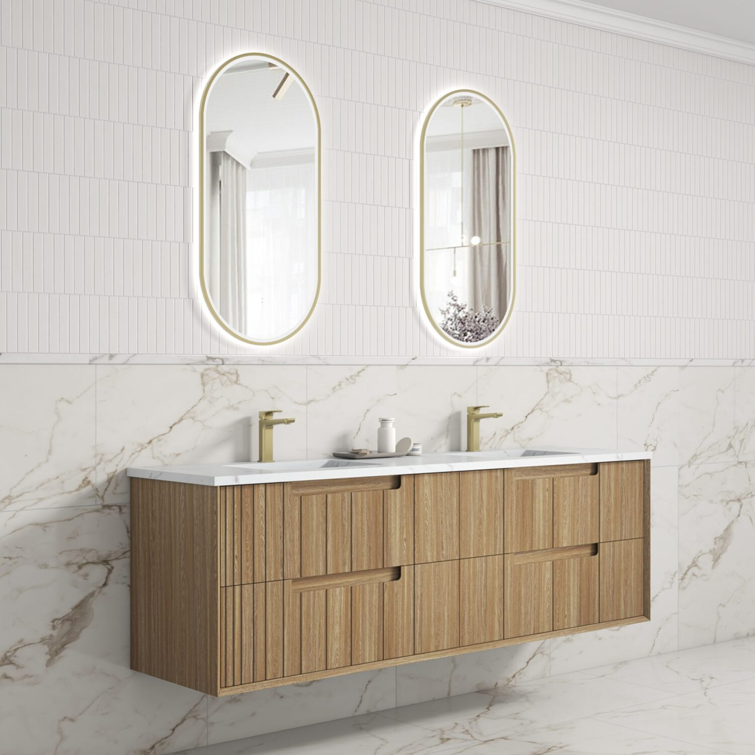 Aulic Voulari Framed Wall Hung 1500 Dbl Harvest Oak Cabinet With Alpine Undermount Basin