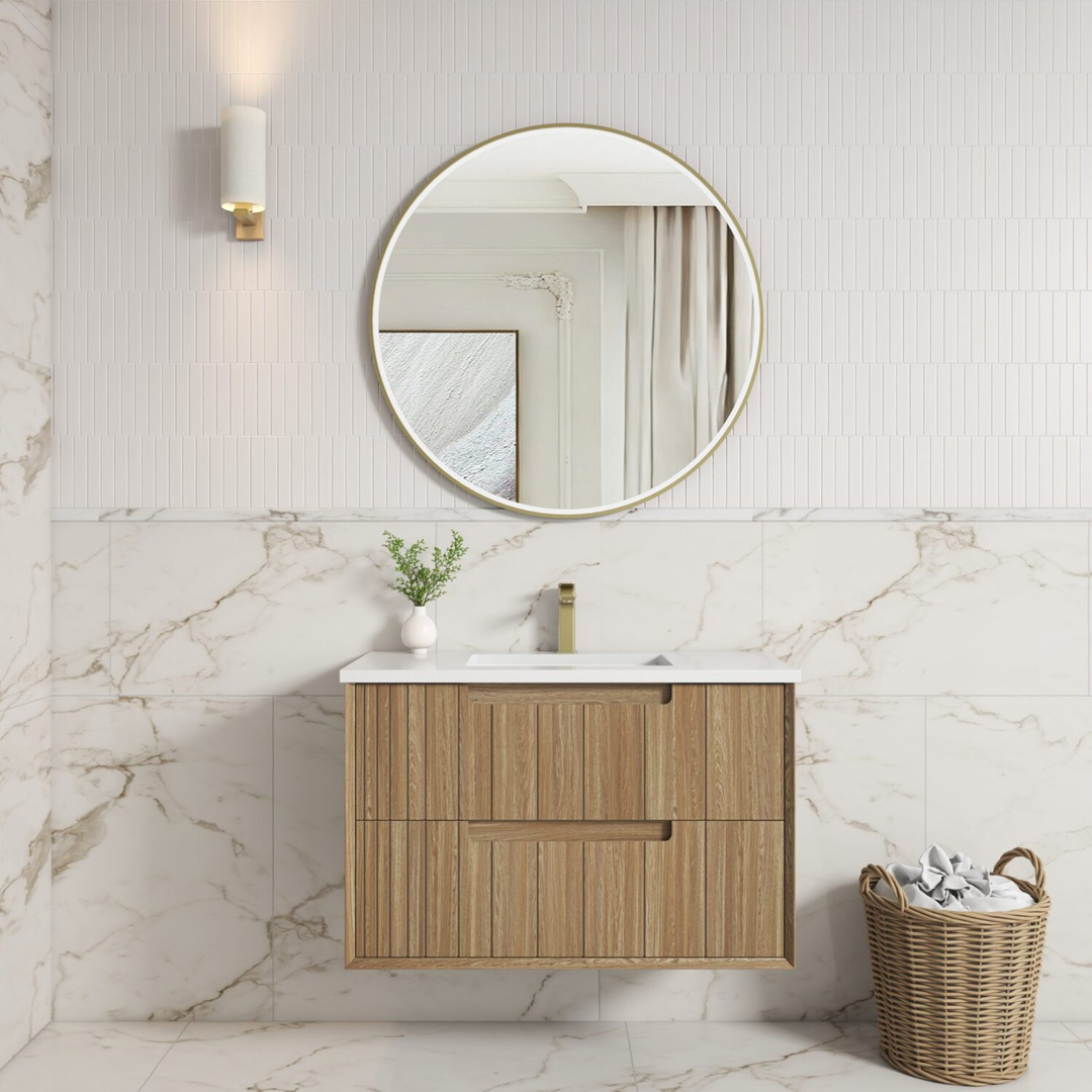 Aulic Voulari Framed W/H 900 Harvest Oak Cabinet & Alpine Stone Top C/W U/M Basin Vo900Whast86