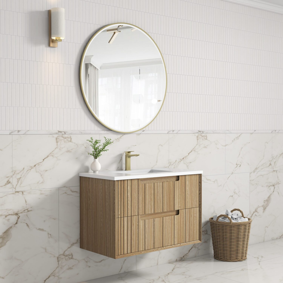 Aulic Voulari Framed W/H 900 Harvest Oak Cabinet & Alpine Stone Top C/W U/M Basin Vo900Whast86