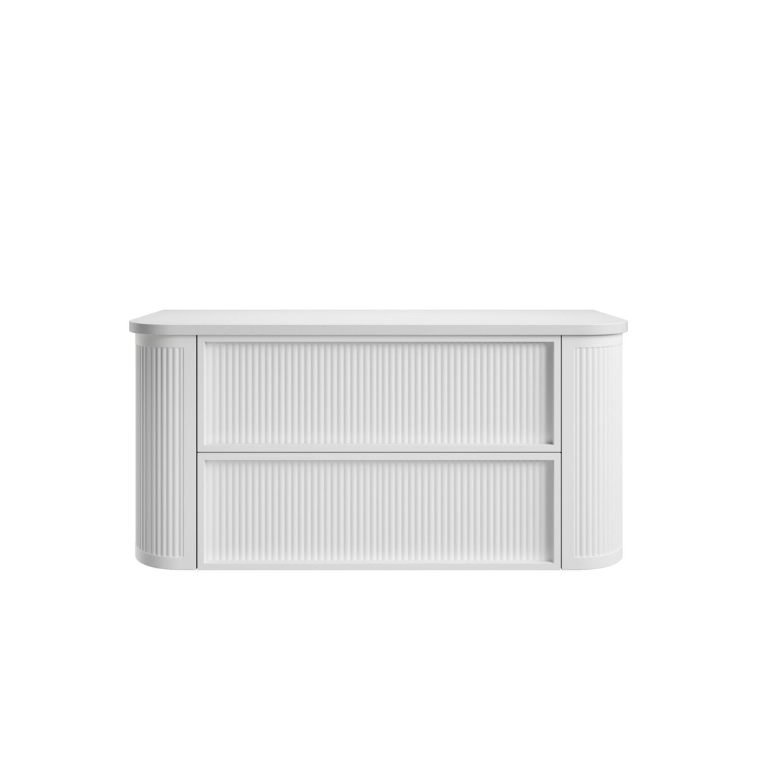 Aulic Ramee Fluted Wall Hung 1200Mm Matte White Cabinet With Alpine Flat Stone