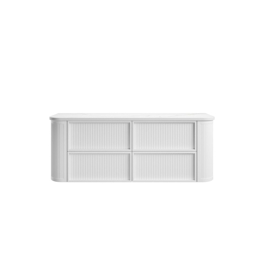 Aulic Ramee Fluted Wall Hung 1500Mm Matte White Cabinet With Alpine Flat Stone
