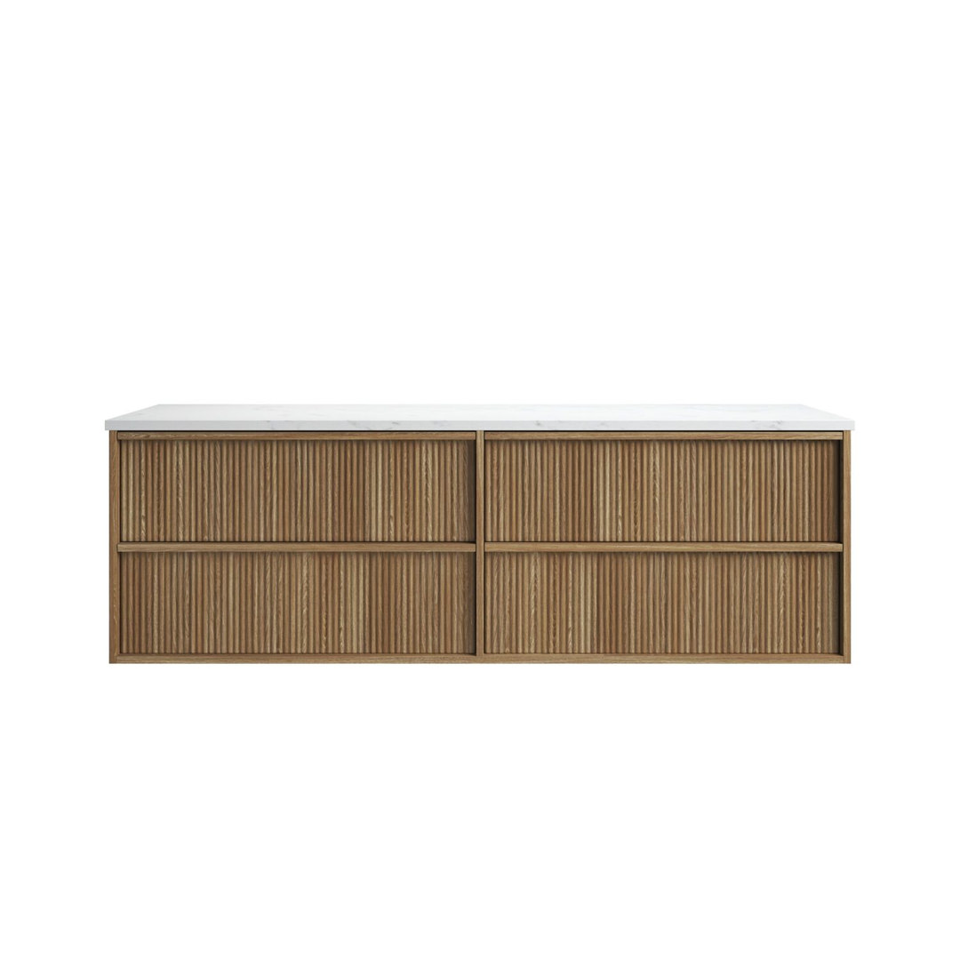 Aulic Venetta Fluted Framed Wall Hung 1800D Harvest Oak Cabinet 1800 With Cato Flat Top
