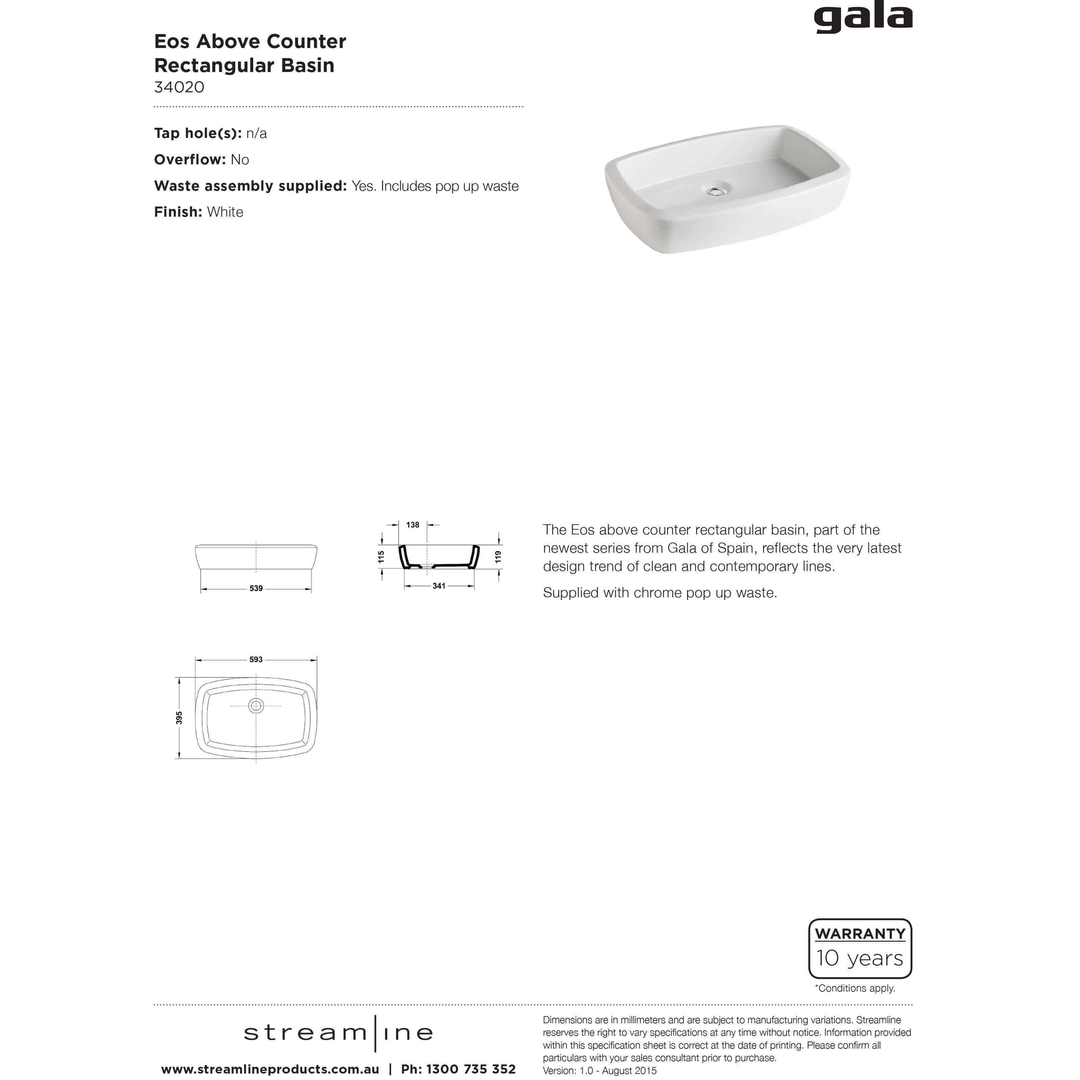 Gala Eos Above Counter Rectangle Basin C/W Popup Waste Nth W