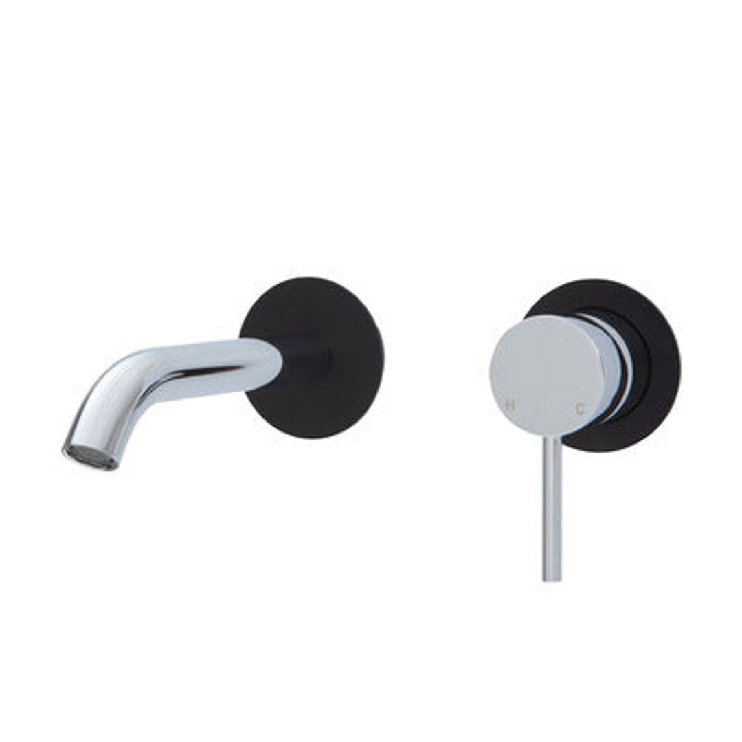 Fienza Kaya Basin/Bath Wall Mixer 160mm Outlet Set Chrome Round Matte Black Plates