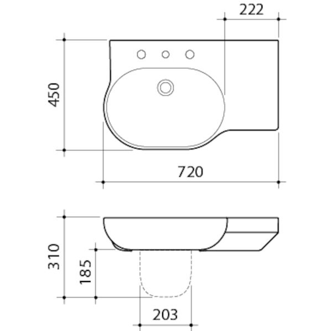 Caroma Opal 720 Wall Basin Right Hand White 3 Tap Hole