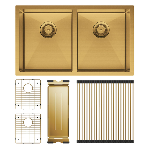 Fienza Hana 27L/27L Double Kitchen Sink Kit - PVD Rugged Brass