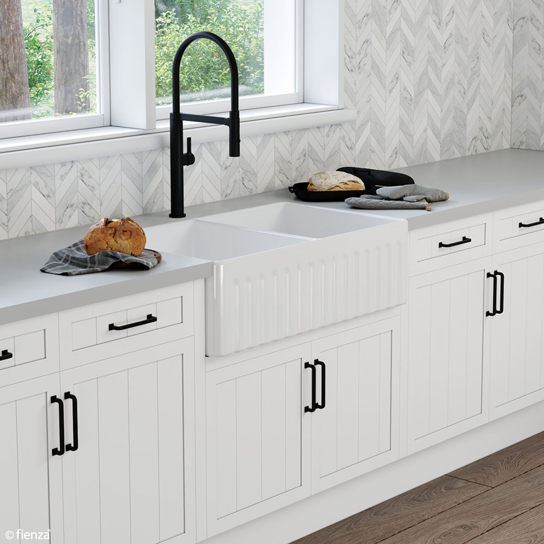 Fienza Charlton Butler Sink Double Reversable Fluted & Flat 835mm Fire Clay Gloss White