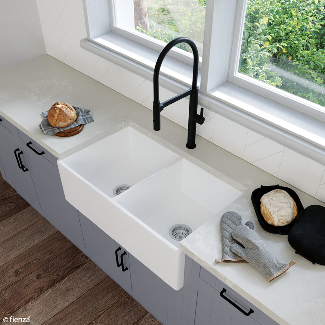 Fienza Charlton Butler Sink Double Reversable Fluted & Flat 835mm Fire Clay Gloss White