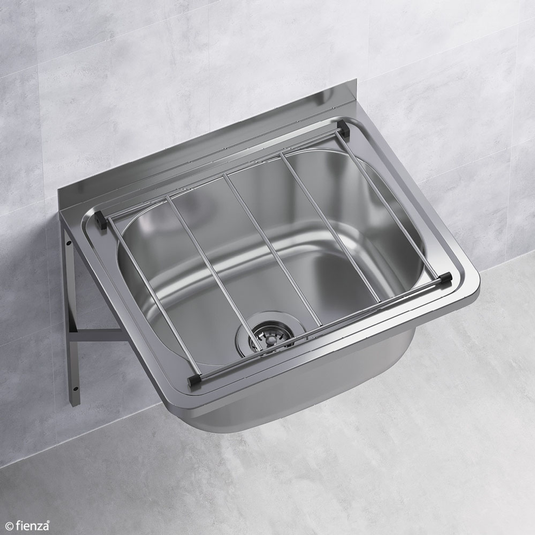 FIENZA CLEANERS SINK 35L WITH GRATE & WALL BRACKETS (1 PAIR) NO WASTE INC 555X455X220MM