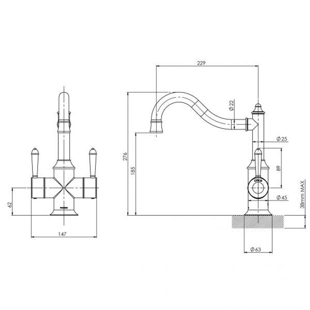 Phoenix Nostalgia Twin Handle Sink Mixer 220mm Shepherds Crook - Chrome/White