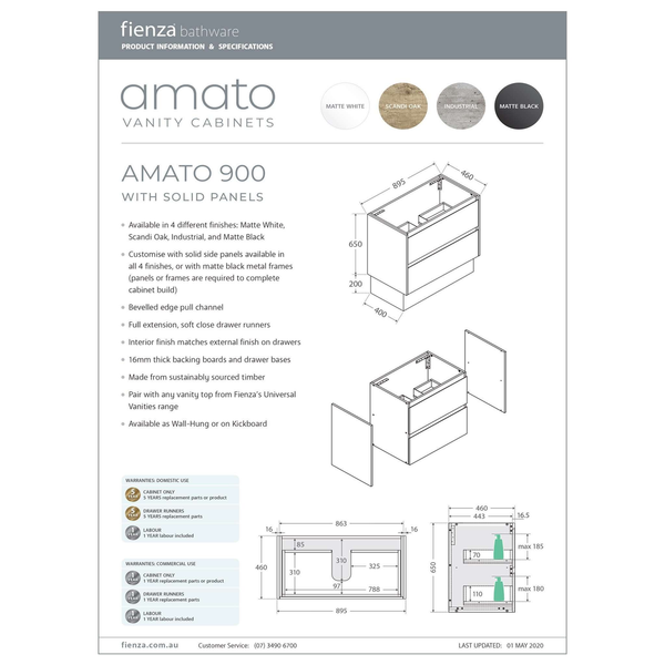 Fienza Amato 900mm Wall Hung Vanity - Matte Black (Side Panels Not Included)