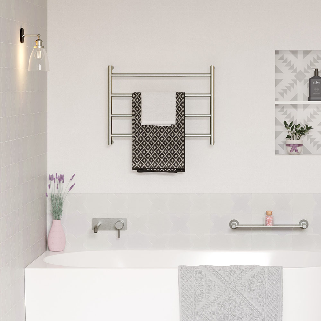 Fienza Kaya Brushed Nickel Round Heated Towel Rail 6045 4 Bars 600 X 450 X 100mm
