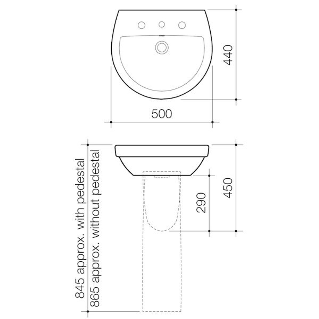 Caroma Cosmo Wall Basin 500mm X 440mm 1 Tap Hole White