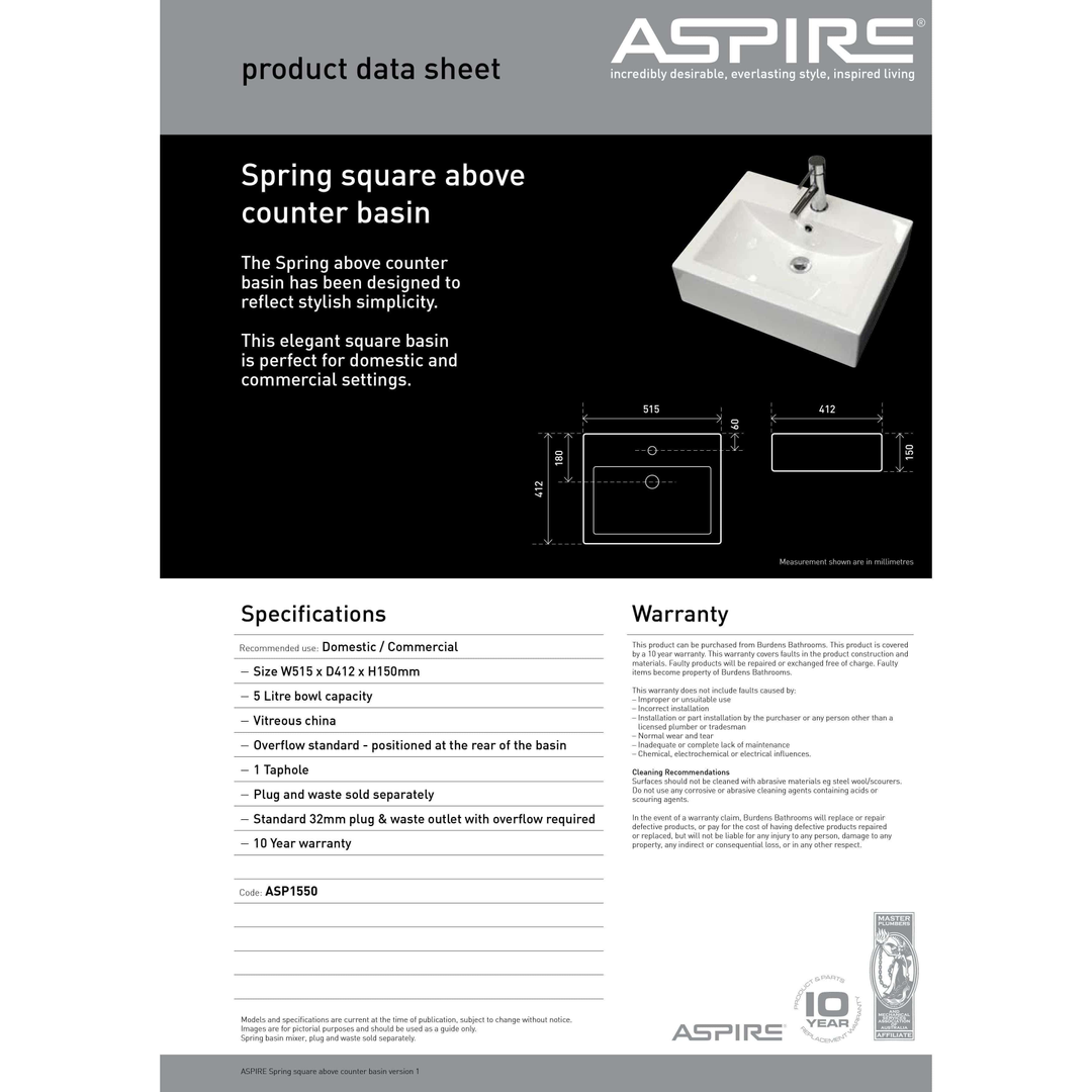 Aspire Spring Square Above Counter Basin White 1 Tap Hole 515 X 412