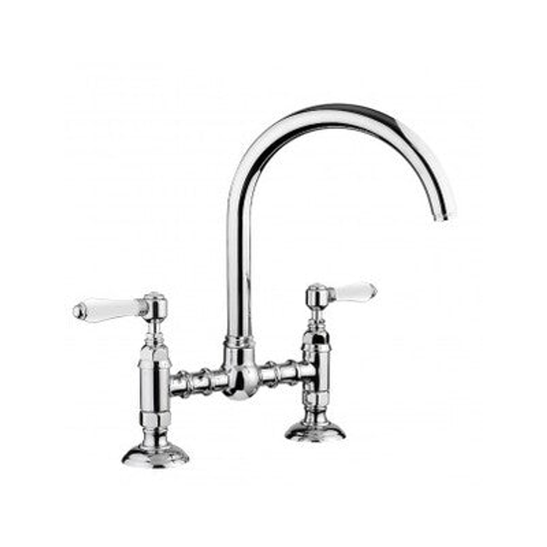 Canterbury Two-Hole Bridge Kitchen Sink Mixer Goose Neck Brushed Nickel